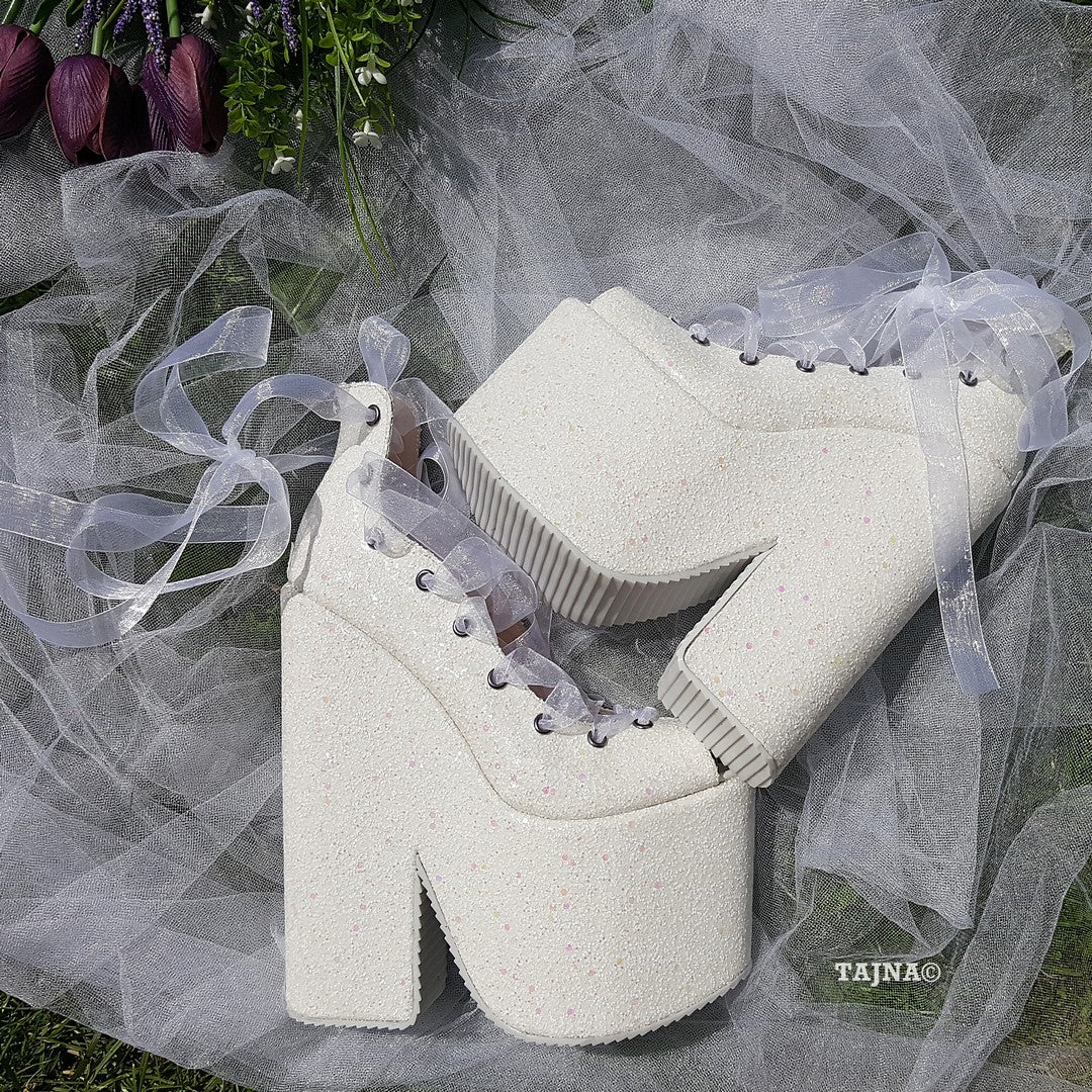 Sparkling White Lace Up Balerinas Super Wedge Shoes 20 cm