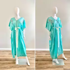 Vintage 1910s Aqua Silk Floral Embroidered Robe / Edwardian Dressing Gown / One size