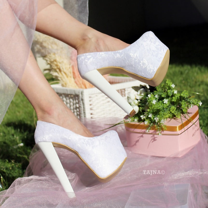 White Lace 19 cm High Heel Platform Bride Shoes