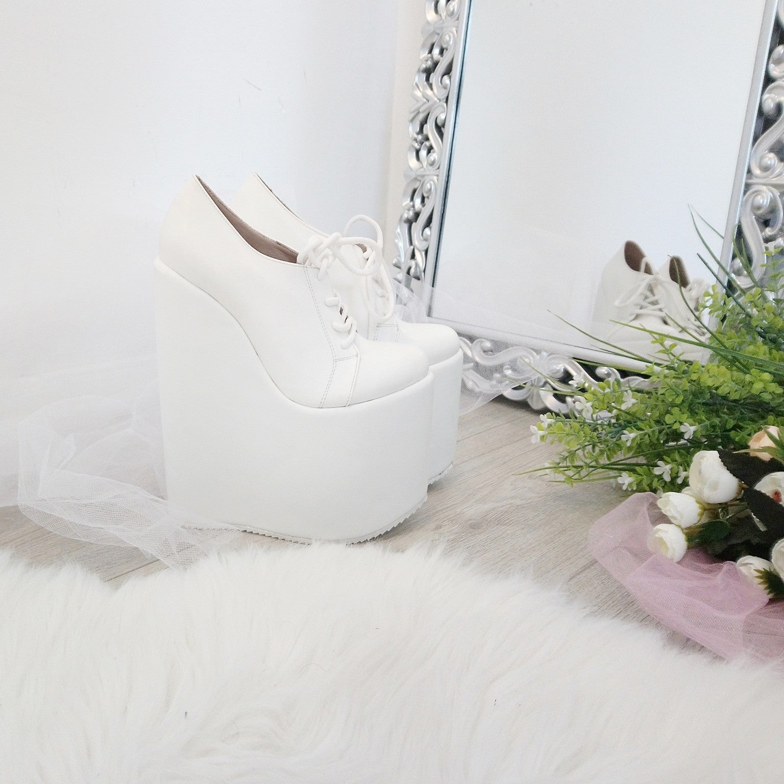 White Lace up High Heel Wedge Shoes Wedding / Bridal