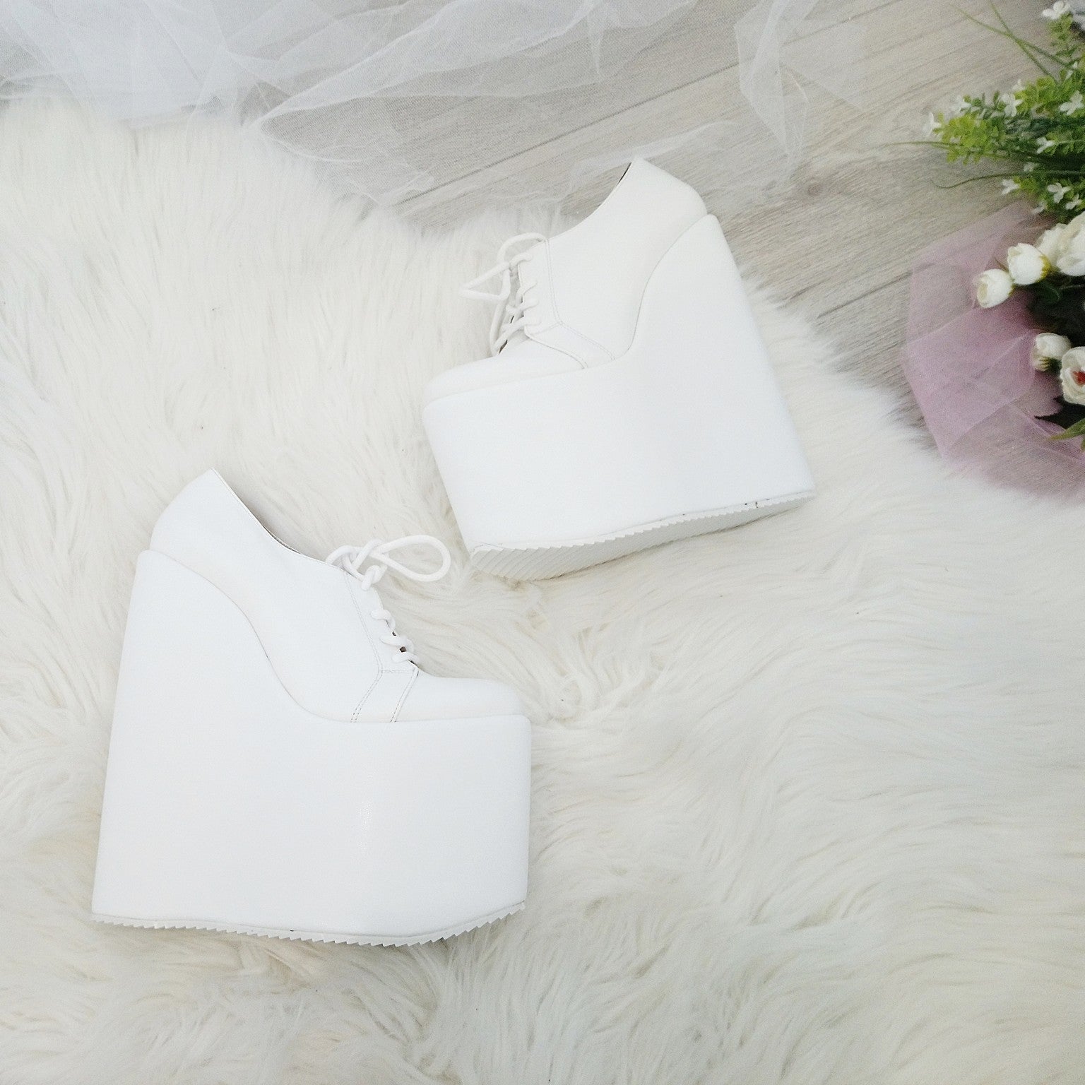 White Lace up High Heel Wedge Shoes Wedding / Bridal